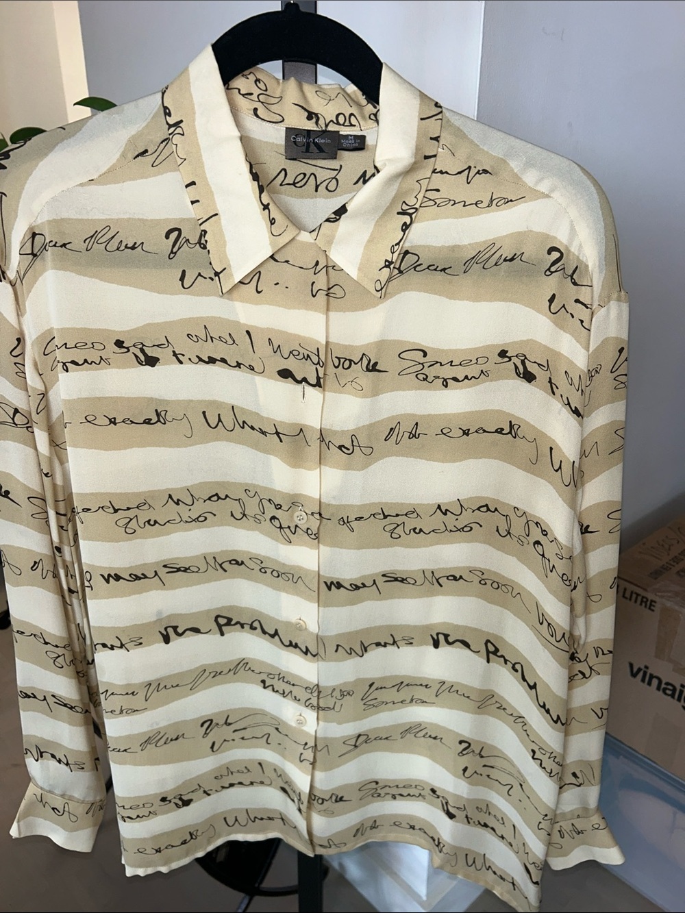 Calvin Klein 100% silk Button-Front Script Stripe Shirt - Beige/taupe.